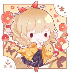 Rule 34 | 1girl, anchor, blonde hair, blush, bug, butterfly, character name, chibi, drill hair, envelope, flower, full body, hair ribbon, hakama, half updo, hatakaze (kancolle), holding, holding envelope, insect, japanese clothes, kantai collection, kimono, long hair, long sleeves, meiji schoolgirl uniform, nada namie, red flower, red ribbon, ribbon, signature, solo, wide sleeves