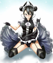 Rule 34 | 1girl, agent (girls&#039; frontline), black hair, clothes lift, commentary request, double bun, garter belt, garter straps, girls&#039; frontline, gloves, hair bun, highres, mag (mag42), maid, maid headdress, skirt, skirt lift, solo, squatting, thighhighs