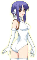 Rule 34 | 00s, 1girl, :d, android, ass, bare shoulders, blue hair, blush, bodysuit, breasts, covered erect nipples, cowboy shot, elbow gloves, from side, gloves, halterneck, happy, ilfa (to heart), impossible clothes, impossible leotard, leotard, looking at viewer, looking back, medium breasts, open mouth, outline, red eyes, robot, robot ears, short hair, short hair with long locks, sidelocks, simple background, smile, solo, thighhighs, to heart (series), to heart 2, turtleneck, twisted torso, white background, white gloves, white thighhighs