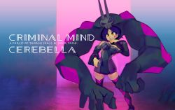 1girl, 2019, alternate color, boots, cerebella (skullgirls), character name, covered navel, covering mouth, dark blue hair, dark skin, dark skinned female, dress, eyeshadow, female focus, hand up, hat, highres, keep charge, makeup, nail polish, pink background, purple background, purple hair, purple nails, skirt, skullgirls, smile, solo, thigh boots, thighhighs, vice-versa (skullgirls), yellow eyes