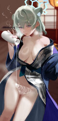 Rule 34 | absurdres, animal ears, bath yukata, blue archive, blurry, blurry background, blush, bottle, breasts, breasts apart, drooling, drunk, extra ears, feet out of frame, green hair, hakujitsu mamire, halo, hanten (clothes), highres, holding, holding bottle, indoors, japanese clothes, kimono, kimono pull, kuchikamizake, large breasts, looking at viewer, mouth drool, naked kimono, official alternate costume, pouring, purple eyes, shigure (blue archive), shigure (hot spring) (blue archive), sitting, squeans, weasel ears, yukata