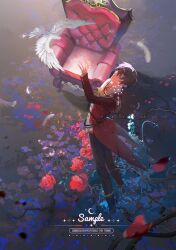 Rule 34 | 1boy, absurdres, ascot, bird, black pants, brown hair, chair, character request, feathers, flower, from above, highres, jacket, male focus, pants, quan zhi gao shou, red flower, red jacket, red rose, rose, short hair, solo, standing, thorns, white feathers, xixun, yellow ascot