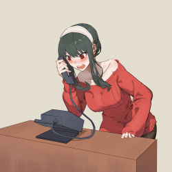 Rule 34 | 1girl, @ @, bare shoulders, black hair, black pantyhose, blush, breasts, bx (zhileng yasuoji), collarbone, desk, earrings, full-face blush, gold earrings, hairband, highres, holding, holding phone, jewelry, large breasts, leaning forward, long hair, looking at phone, looking down, off-shoulder sweater, off shoulder, open mouth, pantyhose, phone, red sweater, sidelocks, simple background, solo, spy x family, sweater, talking on phone, teeth, upper teeth only, v-shaped eyebrows, white hairband, yor briar