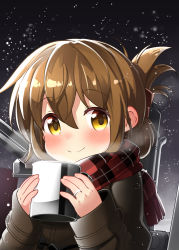 Rule 34 | 10s, 1girl, bell (oppore coppore), blush, brown hair, cannon, coffee mug, hair up, inazuma (kancolle), jacket, jewelry, kantai collection, long sleeves, looking at viewer, mug, ring, scarf, smile, snowing, solo, upper body, wedding band, yellow eyes