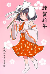 Rule 34 | 1girl, animal ears, black hair, blush, rabbit ears, detached sleeves, flx, inaba tewi, japanese clothes, miko, necktie, one eye closed, red eyes, short hair, smile, solo, touhou, wink