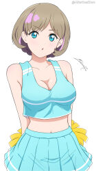 Rule 34 | 1girl, :o, absurdres, alter real zero, bare shoulders, blue eyes, blue skirt, blue tank top, blush, breasts, cheerleader, chestnut mouth, cleavage, collarbone, crop top, hair behind ear, head tilt, heart, highres, holding, holding pom poms, light brown hair, looking at viewer, love live!, love live! superstar!!, medium breasts, midriff, miniskirt, multicolored hair, navel, pleated skirt, pom pom (cheerleading), pom poms, purple hair, short hair, signature, simple background, skirt, solo, streaked hair, tang keke, tank top, v-shaped eyebrows, white background