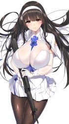 Rule 34 | 1girl, assault rifle, between breasts, black hair, black pantyhose, blue necktie, blush, breasts, bullpup, cape, cleavage, closed mouth, floating hair, flower, girls&#039; frontline, gloves, gun, hair flower, hair ornament, hairband, highres, holding, large breasts, long hair, looking at viewer, minamon (vittel221), necktie, necktie between breasts, pantyhose, qbz-95, rifle, shirt, simple background, skirt, smile, solo, type 95 (girls&#039; frontline), very long hair, weapon, white gloves, white hairband, white shirt, white skirt, yellow eyes