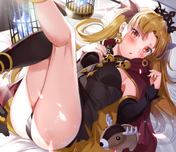 Rule 34 | 1girl, :o, ass, bad id, bad pixiv id, bare legs, bed sheet, black leotard, black socks, blonde hair, blue fire, blush, bow, breasts, cage, cape, commentary request, earrings, ereshkigal (fate), fate/grand order, fate (series), feet out of frame, fire, hair bow, hand on own chest, highres, jewelry, kneehighs, kneepits, leotard, long hair, looking at viewer, lying, multicolored hair, on back, on bed, parted bangs, parted lips, pillow, purple bow, purple cape, red eyes, single kneehigh, single sock, skull, small breasts, socks, solo, stuffed animal, stuffed reindeer, stuffed toy, tears, thighs, tiara, tipii, two-tone hair, very long hair