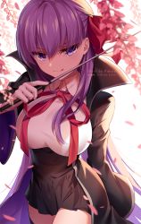 Rule 34 | 1girl, :q, bb (fate), bb (fate/extra), black jacket, black skirt, black thighhighs, blurry, blurry foreground, blush, breasts, closed mouth, collared shirt, commentary, depth of field, fate/extra, fate/extra ccc, fate (series), flower, gloves, highres, holding, jacket, large breasts, long hair, long sleeves, looking at viewer, neck ribbon, open clothes, open jacket, petals, pink flower, purple eyes, purple hair, red ribbon, ribbon, rimuu, shirt, simple background, skirt, smile, solo, thighhighs, tongue, tongue out, very long hair, white background, white gloves, white shirt, wide sleeves
