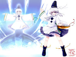 Rule 34 | 1girl, blue dress, blue eyes, boots, dress, female focus, hat, highres, japanese clothes, kariginu, mononobe no futo, open mouth, outstretched arms, short hair, silver hair, skirt, smile, solo, spread arms, standing, tate eboshi, touhou, tsubasa (abchipika)