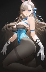 Rule 34 | 1girl, absurdres, animal ears, armpit crease, ass, asuna (blue archive), asuna (bunny) (blue archive), asymmetrical bangs, bare shoulders, black background, black bra, black pantyhose, blue archive, blue bow, blue eyes, blue ribbon, bow, bowtie, bra, breasts, detached collar, fake animal ears, from side, gloves, grin, gua61, hair ribbon, hairband, highres, large breasts, leg up, legs, leotard, light brown hair, light particles, long hair, looking at viewer, no shoes, official alternate costume, pantyhose, playboy bunny, rabbit ears, ribbon, smile, solo, standing, standing on one leg, star (sky), strapless, strapless leotard, thighband pantyhose, thighs, traditional bowtie, twisted torso, underwear, white gloves
