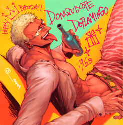 Rule 34 | 1boy, 4444 (tetsuya), blonde hair, bottle, character name, crown, dated, donquixote doflamingo, earrings, happy birthday, holding, holding bottle, jewelry, looking at viewer, looking over eyewear, male focus, muscular, muscular male, navel, one piece, open clothes, open mouth, pants, red eyes, red pants, shirt, short hair, sitting, skull and crossbones, sunglasses, teeth, tongue, tongue out, twitter username, veins, veiny hands, white shirt