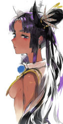 Rule 34 | 1girl, amo (silent bomb19), animal ears, bad id, bad pixiv id, bare shoulders, black hair, black hat, blue eyes, breasts, closed mouth, dark-skinned female, dark skin, expressionless, fate/grand order, fate (series), feather hair ornament, feathers, from side, hair ornament, half-closed eyes, hat, highres, long hair, looking at viewer, looking to the side, multicolored hair, parted bangs, pom pom (clothes), purple hair, sideboob, simple background, small breasts, solo, two-tone hair, upper body, ushiwakamaru (fate), white background