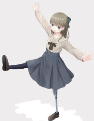 Rule 34 | 1girl, :o, balancing, black bow, black pantyhose, black skirt, blue eyes, bow, brown footwear, brown hair, commentary request, full body, green bow, grey background, grey sailor collar, grey shirt, hair bow, highres, long hair, looking away, open mouth, original, outstretched arms, pantyhose, prosthesis, prosthetic leg, sailor collar, school uniform, serafuku, shirt, shoe soles, simple background, skirt, solo, standing, standing on one leg, yuyuzuki (yume usagi)