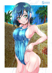 Rule 34 | 1girl, adjusting clothes, adjusting swimsuit, blue hair, blue sky, blue one-piece swimsuit, breasts, brick wall, cloud, commentary request, competition swimsuit, cowboy shot, delicious party precure, fuwa kokone, green eyes, hair ornament, highres, looking at viewer, medium breasts, one-piece swimsuit, palm tree, precure, short hair, shower (place), sky, solo, swimsuit, takaishi fuu, tree, wet, wet clothes, wet swimsuit