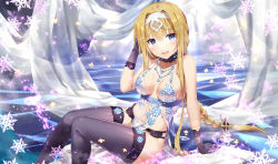 Rule 34 | 1girl, :d, alice zuberg, artoria pendragon (fate), artoria pendragon (lancer alter) (fate), artoria pendragon (lancer alter) (fate) (cosplay), artoria pendragon (lancer alter) (royal icing) (fate), artoria pendragon (lancer alter) (royal icing) (fate) (cosplay), bare shoulders, black choker, black gloves, black panties, black thighhighs, blue eyes, blush, braid, breasts, choker, cleavage, collarbone, color connection, cosplay, fate/grand order, fate (series), feet out of frame, female focus, gabiran, gloves, hair ribbon, hairband, hand in own hair, lingerie, long hair, medium breasts, official alternate costume, open mouth, panties, ribbon, see-through, sidelocks, single braid, sitting, smile, snowflakes, solo, sword art online, thighhighs, trait connection, underwear, underwear only, very long hair, white hairband, white ribbon