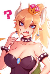Rule 34 | 1girl, ?, armlet, bare shoulders, black collar, black dress, black nails, blonde hair, blue eyes, bowsette, bracelet, breasts, cleavage, collar, collarbone, commentary, crown, dress, earrings, english commentary, hair between eyes, highres, horns, jewelry, large breasts, liyart, looking at viewer, mario (series), nail polish, new super mario bros. u deluxe, nintendo, open mouth, pointy ears, sharp teeth, solo, spiked armlet, spiked bracelet, spiked collar, spiked shell, spikes, strapless, strapless dress, super crown, teeth, turtle shell
