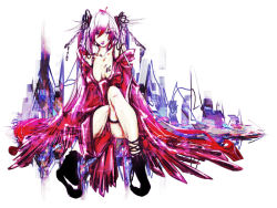 Rule 34 | 1girl, alternate hair color, ankle boots, boots, building, cityscape, collarbone, dress, full body, hatsune miku, long hair, long sleeves, looking at viewer, red dress, shiinoyuko, simple background, sitting, solo, thigh gap, twintails, very long hair, vocaloid, white background