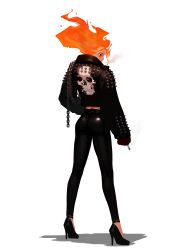 Rule 34 | 1girl, absurdres, black footwear, black jacket, black legwear, chain, cigarette, dgk, fiery hair, from behind, genderswap, genderswap (mtf), ghost rider, high-waist pants, high heels, highres, holding, holding cigarette, humanization, jacket, leather, leather jacket, leather pants, looking down, marvel, orange hair, pants, scar, smoking, solo, spikes, white background