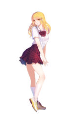 Rule 34 | 1girl, bad id, bad pixiv id, blonde hair, checkered clothes, checkered skirt, emyo, full body, kneehighs, long hair, looking at viewer, original, own hands clasped, own hands together, pleated skirt, school uniform, serafuku, shoes, simple background, skirt, sneakers, socks, solo, white background, white socks, yellow eyes