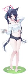 Rule 34 | 1girl, absurdres, animal ear fluff, animal ears, barefoot, black hair, black panties, blue archive, blush, breasts, cat ears, cleavage, cup, extra ears, full body, halo, highres, holding, holding cup, long hair, long sleeves, looking at viewer, meunhongcha, navel, one eye closed, open mouth, panties, red eyes, red halo, serika (blue archive), shirt, simple background, small breasts, solo, twintails, underwear, white background, white shirt