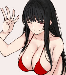 Rule 34 | 2girls, bikini, black hair, breasts, closed mouth, cocq taichou, hand up, large breasts, long hair, looking at viewer, mole, mole on breast, multiple girls, one eye closed, original, red bikini, red eyes, simple background, smile, solo focus, swimsuit, upper body, white background