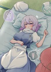Rule 34 | !, 1girl, apron, blush, breasts, bright pupils, commentary request, hand fan, unworn headwear, highres, ice, ice cube, indoors, lapel pin, large breasts, letty whiterock, looking at viewer, lying, motion lines, on back, parted lips, pillow, purple eyes, purple hair, scavia10, short hair, short sleeves, solo focus, speech bubble, spoken exclamation mark, tatami, touhou, waist apron, white apron, white headwear, white pupils