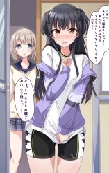 Rule 34 | 1girl, 2girls, angry, bike shorts, black hair, black shorts, blue eyes, blue jacket, blue sailor collar, blue skirt, blush, bob cut, brown eyes, caught, commentary request, cosplay, drawstring, glaring, grey hair, highres, idolmaster, idolmaster shiny colors, indoors, jacket, long hair, long sleeves, looking at another, looking at viewer, mayuzumi fuyuko, miniskirt, multiple girls, naba (take tonbo), off shoulder, open clothes, open jacket, open mouth, opening door, partial commentary, plaid, plaid skirt, pleated skirt, sailor collar, school uniform, serafuku, serizawa asahi, serizawa asahi (cosplay), shirt, shirt tug, short hair, shorts, skirt, smile, solo, standing, sweatdrop, sweater, translated, two side up, v-neck, white shirt, white sweater