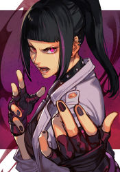 Rule 34 | 1girl, arms up, aura, black hair, capcom, collar, ear piercing, fighting stance, fingerless gloves, gloves, glowing, glowing eye, han juri, hungry clicker, jacket, looking at viewer, nail polish, open mouth, piercing, ponytail, purple eyes, purple jacket, purple nails, simple background, solo, street fighter, street fighter v, upper body
