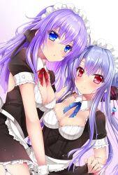 Rule 34 | 2girls, alternate costume, apron, black dress, black ribbon, blue eyes, blue hair, blue ribbon, blush, breasts, chibinon, cleavage, cleavage cutout, closed mouth, clothes lift, clothing cutout, collar, commentary request, crossed bangs, detached collar, dress, dress lift, dutch angle, enmaided, expressionless, eyelashes, eyes visible through hair, frilled apron, frilled sleeves, frills, garter straps, hair between eyes, hair ornament, hair ribbon, highres, lifted by self, long hair, looking at viewer, maid, maid apron, maid day, maid headdress, medium breasts, multiple girls, parted lips, puffy short sleeves, puffy sleeves, purple hair, red eyes, red ribbon, ribbon, short sleeves, siblings, sidelocks, simple background, sisters, smile, sorakado ai, sorakado ao, summer pockets, tassel, tassel hair ornament, twins, twitter username, very long hair, white apron, white background, white collar