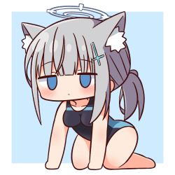 Rule 34 | 1girl, all fours, animal ear fluff, animal ears, bare arms, bare legs, bare shoulders, barefoot, black one-piece swimsuit, blue archive, blue background, blue eyes, blush, breasts, closed mouth, collarbone, competition swimsuit, empty eyes, full body, grey hair, halo, hana kazari, highres, long hair, looking at viewer, low ponytail, one-piece swimsuit, ponytail, shiroko (blue archive), shiroko (swimsuit) (blue archive), sidelocks, small breasts, solo, swimsuit, two-tone background, white background