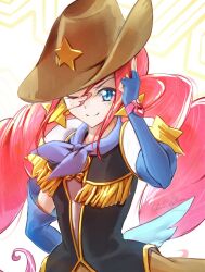 Rule 34 | 1girl, blue eyes, brooch, clear glass (mildmild1311), cowboy hat, cowboy western, earrings, freckles, gloves, happinesscharge precure!, hat, heart, heart brooch, jewelry, long hair, looking at viewer, magical girl, one eye closed, precure, red hair, red haired cure (bomber girls precure) (happinesscharge precure!), smile, solo, star (symbol), starry background, twintails, upper body, vest, white background