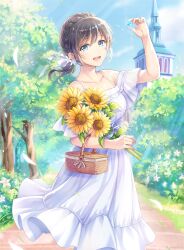 Rule 34 | 1girl, absurdres, basket, black hair, blue eyes, blue sky, blunt bangs, blush stickers, bouquet, breasts, cowboy shot, dress, empire waist, flower, frilled dress, frilled sleeves, frills, hand up, highres, holding, holding basket, holding jewelry, holding necklace, jewelry, looking at viewer, medium breasts, medium dress, medium hair, mono lith, necklace, off-shoulder dress, off shoulder, open mouth, original, outdoors, picnic basket, short sleeves, sky, smile, solo, spaghetti strap, sundress, sunflower, white dress