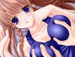 Rule 34 | 1girl, artist request, blue eyes, grabbing another&#039;s breast, breasts, brown hair, character request, copyright request, grabbing, swimsuit, tagme