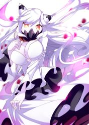 Rule 34 | 10s, 1girl, abyssal ship, breasts, bright background, cleavage, colored skin, covered mouth, dress, female focus, horns, kantai collection, large breasts, long hair, looking at viewer, midway princess, nyori, pale skin, red eyes, solo, very long hair, white dress, white hair, white skin
