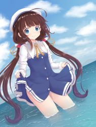 Rule 34 | 10s, 1girl, beret, blue dress, blue eyes, blue sky, blush, brown hair, closed mouth, cloud, cloudy sky, commentary request, day, dress, dutch angle, hat, highres, hinatsuru ai, horizon, layered sleeves, long hair, long sleeves, looking at viewer, low twintails, minoshi, ocean, outdoors, puffy short sleeves, puffy sleeves, ryuuou no oshigoto!, school uniform, short over long sleeves, short sleeves, sidelocks, skirt hold, sky, smile, solo, twintails, very long hair, wading, water, white hat