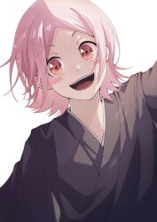 Rule 34 | 1girl, :d, black kimono, bleach, blush stickers, commentary request, highres, japanese clothes, kimono, kusajishi yachiru, looking at viewer, open mouth, parted bangs, pink hair, red eyes, simple background, smile, solo, sumire 1046, upper body, white background