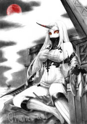 Rule 34 | 1girl, abyssal ship, bare shoulders, boots, breasts, claws, colored skin, commentary request, commission, covered mouth, detached sleeves, dress, glowing, glowing eyes, hane (azelye), horns, kantai collection, knee boots, large breasts, long hair, moon, oversized forearms, oversized limbs, pale skin, partial commentary, red eyes, red moon, ribbed dress, ribbed sweater, rigging, seaport princess, short dress, sideboob, single horn, sitting, skeb commission, smoke trail, solo, spot color, sweater, sweater dress, twitter username, very long hair, white hair, white skin