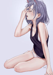 Rule 34 | 1girl, animal ears, arm support, artist name, bare arms, bare legs, bare shoulders, black tank top, blush, bra, breasts, cat ears, closed eyes, commentary, ear piercing, extra ears, feiqizi (fkey), fkey, from side, grey background, hair between eyes, hand on own face, hand up, highres, no pants, open mouth, original, panties, piercing, profile, signature, silver hair, simple background, sitting, small breasts, solo, tank top, thighs, underwear, white bra, white panties