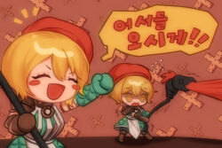 Rule 34 | 1boy, 1girl, @ @, blonde hair, blush stickers, brown gloves, chibi, closed eyes, commentary request, don quixote (project moon), flying sweatdrops, gloves, hair between eyes, hat, korean commentary, korean text, limbus company, no nose, notice lines, open mouth, oven mitts, project moon, red headwear, short hair, sinclair (project moon), smile, sweat, tabard, translation request, white tabard, yellow eyes, yokurrr113