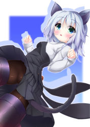 Rule 34 | 1girl, animal ears, blue background, blue eyes, blush, brown pantyhose, cat ears, cat tail, cowboy shot, from below, gradient eyes, green eyes, long sleeves, looking at viewer, military, military uniform, multicolored eyes, no panties, open mouth, pantyhose, sanya v. litvyak, short hair, silver hair, sleeves past wrists, solo, strike witches, tail, tareme, toine hoko, uniform, upskirt, white background, world witches series