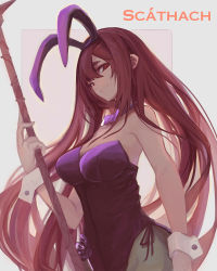 Rule 34 | animal ears, bare shoulders, bow, bowtie, breasts, character name, cleavage, covered navel, detached collar, fake animal ears, fate/grand order, fate (series), gae bolg (fate), hair intakes, highres, holding, holding polearm, holding spear, holding weapon, large breasts, leotard, long hair, looking at viewer, lousun, official alternate costume, pantyhose, playboy bunny, polearm, purple hair, rabbit ears, red eyes, scathach (fate), scathach (piercing bunny) (fate), solo, spear, strapless, strapless leotard, very long hair, weapon, wrist cuffs