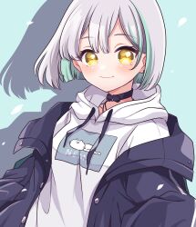 Rule 34 | 1girl, absurdres, black jacket, blue background, blue hair, blush, breasts, closed mouth, commentary request, drop shadow, grey hair, highres, hood, hood down, hoodie, jacket, kanade kanon, kino haruc, long sleeves, looking at viewer, medium bangs, nanashi inc., open clothes, open jacket, short hair, small breasts, smile, solo, upper body, virtual youtuber, white hoodie, yellow eyes