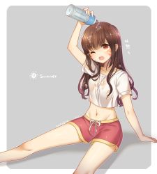 Rule 34 | 1girl, alternate costume, arm support, arm up, border, bottle, breasts, brown eyes, brown hair, casual, collarbone, commentary request, cowboy shot, crop top, d.va (overwatch), dated, dolphin shorts, drawstring, facepaint, facial mark, grey background, highres, hot, kaoruru (sakuno2911), long hair, midriff, navel, one eye closed, open mouth, overwatch, overwatch 1, pouring, red shorts, shirt, short shorts, short sleeves, shorts, simple background, sitting, small breasts, solo, t-shirt, translated, water, water bottle, wet, wet clothes, wet shirt, whisker markings, white border, white shirt