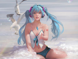 Rule 34 | 1girl, aqua eyes, aqua hair, arm support, beach, bird, day, g-tz, hatsune miku, jewelry, jpeg artifacts, looking at viewer, midriff, navel, open mouth, pendant, realistic, seagull, shiny skin, short shorts, shorts, skindentation, solo, twintails, vocaloid, wet