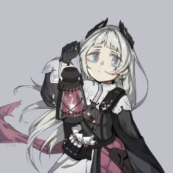 Rule 34 | 1girl, ammunition belt, arknights, black dress, black gloves, breasts, dress, earrings, gloves, grey background, grey eyes, grey hair, hand up, head wings, holding, holding lantern, irene (arknights), jewelry, lantern, long hair, long sleeves, looking at viewer, multicolored clothes, multicolored dress, pink dress, red pupils, robinlovesop, scar, scar across eye, simple background, small breasts, solo, upper body, white dress, wings