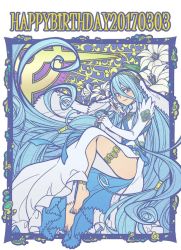 Rule 34 | 1girl, 2017, absurdly long hair, anklet, art nouveau, ass, azura (fire emblem), barefoot, blue hair, border, colored eyelashes, dated, dress, easter lily, elbow gloves, english text, feet, fingerless gloves, fire emblem, fire emblem fates, flat color, floral background, flower, full body, gloves, hair between eyes, happy birthday, hiyori (rindou66), holding, holding flower, invisible chair, jewelry, light smile, lily (flower), long dress, long hair, looking at viewer, nintendo, ribbon, side slit, sitting, smile, solo, thighlet, veil, very long hair, white dress, white flower, white gloves, yellow eyes