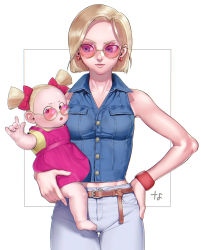 Rule 34 | 2girls, android 18, belt, blonde hair, bow, child, dragon ball, dragonball z, dress, earrings, female focus, hair bow, highres, jewelry, marron (dragon ball), mature female, mother and daughter, multiple girls, nanja, pink-tinted eyewear, pink-tinted glasses, red-tinted eyewear, red-tinted glasses, red bow, round eyewear, short hair, sunglasses, thigh gap, tinted eyewear, white background