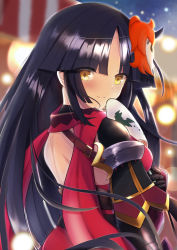 Rule 34 | 1girl, absurdres, black hair, blurry, blurry background, blush, character mask, closed mouth, fate/grand order, fate (series), fujimaru ritsuka (female), gauntlets, hand fan, highres, holding, holding fan, katou danzou (fate), long hair, looking at viewer, mask, mask on head, moyashi (pixiv44153669), red scarf, scarf, shoulder blades, smile, solo, symbol-shaped pupils, upper body, very long hair, yellow eyes