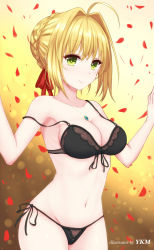 Rule 34 | 10s, 1girl, ahoge, artist name, black bra, black panties, blonde hair, bra, braid, breasts, cleavage, closed mouth, collarbone, commentary request, fate/extra, fate/stay night, fate (series), french braid, green eyes, hair intakes, hair ornament, hair ribbon, hands up, highres, jewelry, looking at viewer, medium breasts, navel, necklace, nero claudius (fate), nero claudius (fate) (all), nero claudius (fate/extra), panties, petals, red petals, red ribbon, ribbon, see-through, side-tie panties, smile, solo, standing, stomach, strap slip, underwear, underwear only, yunkaiming